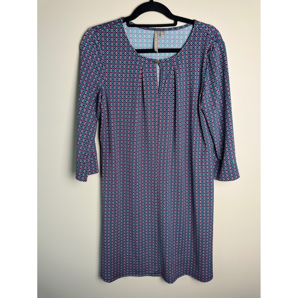 Brina & Em Geometric Diamond Print Shift Dress 3/4 Sleeve Keyhole Neck Large
